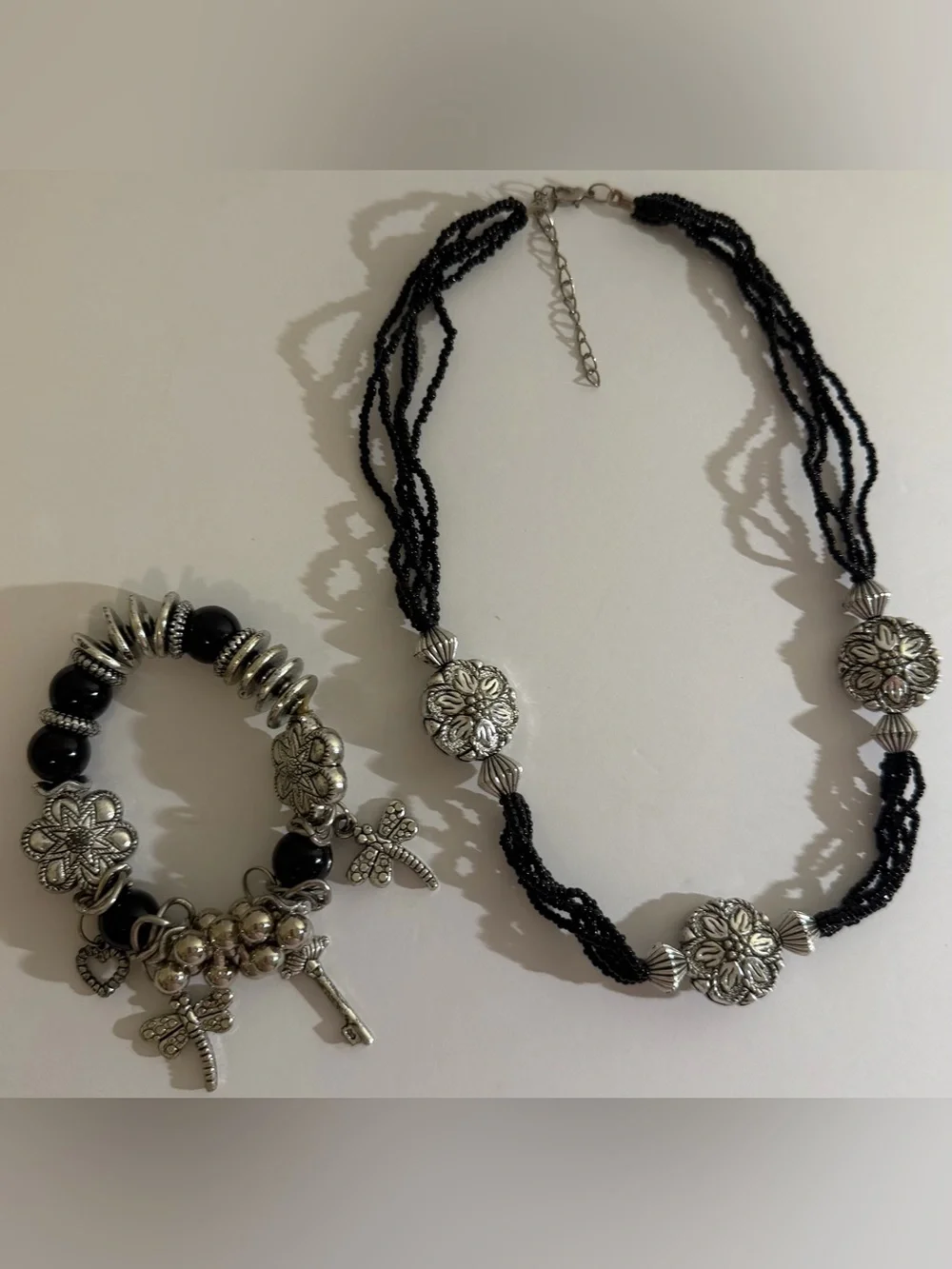 Black Beaded Multi Strand Necklace and Charm Bracelet Silver Tone Jewelry Set